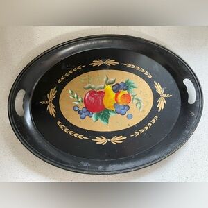 Vintage Large Oval Handpainted Fruit on Black Metal Tray 21.5”x16” Gold Handles